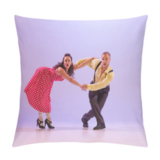 Personality  Meeting. Emotional Bright Couple Of Dancers In Colorful Retro Style Attires Dancing Incendiary Dances Isolated On Purple Background In Neon Light. Concept Of Art, 60s, 70s American Culture Pillow Covers