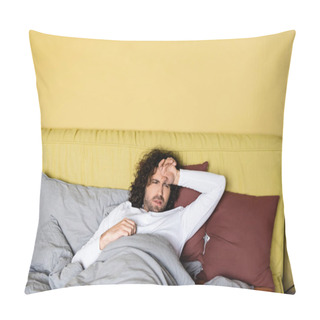 Personality  Upset Man With Hand Near Forehead Lying On Bed At Home  Pillow Covers