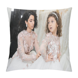 Personality  Blurred Middle Eastern Bride With Brunette Wavy Hair In Wedding Dress Adjusting Cute Floral Dress Of Surprised Daughter In Bridal Salon, Shopping, Special Moment, Hands On Hips, White Gown Pillow Covers