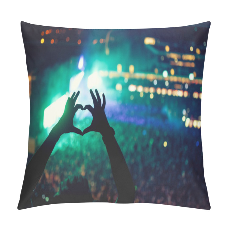 Personality  Heart shaped hands at concert, loving the artist and the festival. Music concert with lights and silhouette of a man enjoying the concert pillow covers