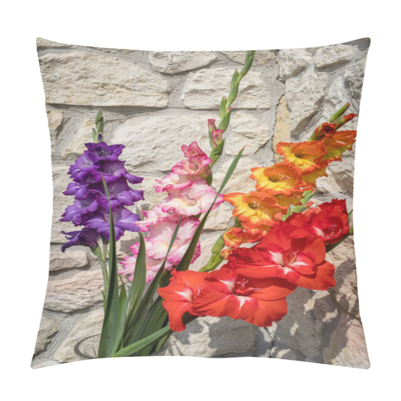 Personality  Head Of  Gladiolus Flower Against The Background Of A Limestone Wall Pillow Covers