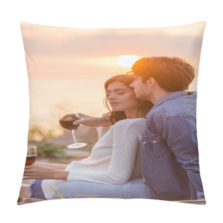 Personality  Selective Focus Of Man Embracing Girlfriend With Glass Of Wine Near Acoustic Guitar On Beach  Pillow Covers