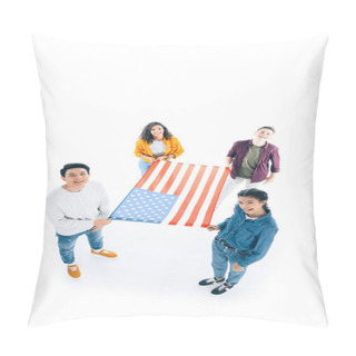 Personality  High Angle View Of Group Of Teen Students With Usa Flag Isolated On White Pillow Covers