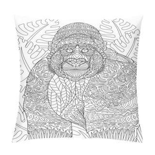 Personality  Coloring Book Page With Detailed Big Monkey Staring Afar With Leaves Behind Pillow Covers
