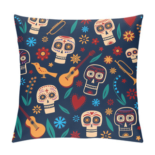 Personality  Seamless Pattern Day Of The Dead.  Decorative Skulls And Flowers. Vector Full Color Graphics Pillow Covers