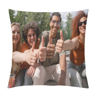 Personality  Blurred Multiethnic Friends Smiling And Showing Thumbs Up In City Park Pillow Covers