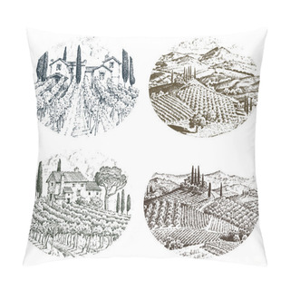 Personality  Rustic Vineyard. Rural Landscape With Houses. Solar Tuscany Background. Fields And Cypress Trees. Harvesting And Haystacks. Engraved Hand Drawn In Old Sketch And Vintage Style For Label. Pillow Covers