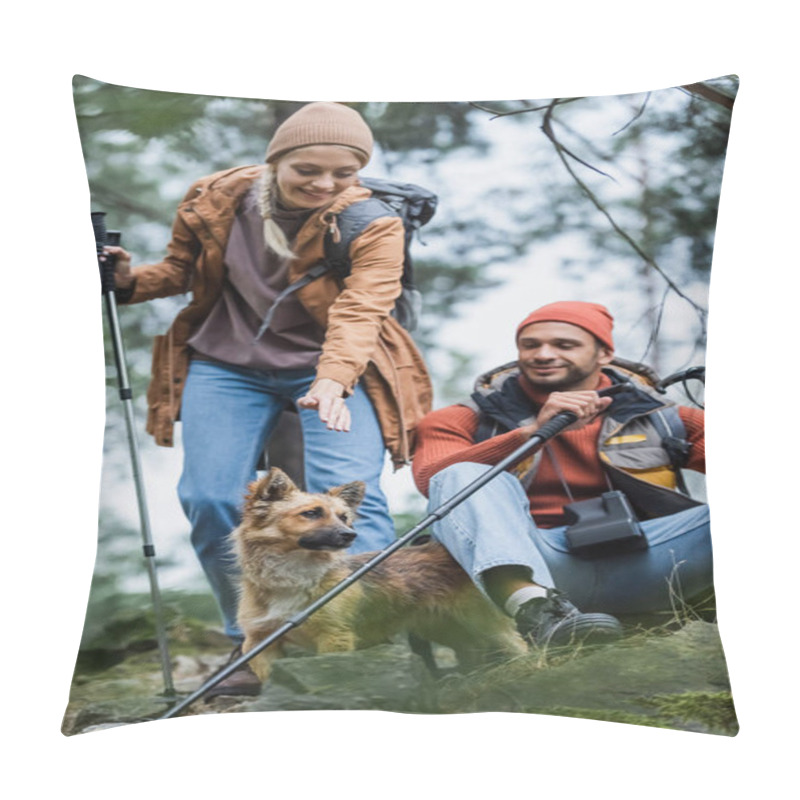 Personality  smiling woman with hiking sticks reaching dog near boyfriend resting in forest  pillow covers