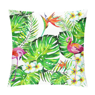 Personality  Beautiful Tropical Palm Leaves And Flamingo, Watercolor Illustration Pillow Covers