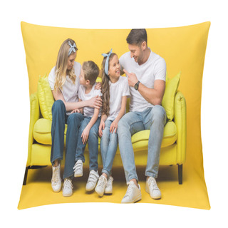 Personality  Happy Parents Talking With Kids While Sitting Together On Sofa On Yellow Pillow Covers