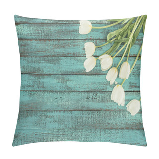 Personality  Tender Blooming Tulips Over Green Wooden Background With Copy Space Pillow Covers