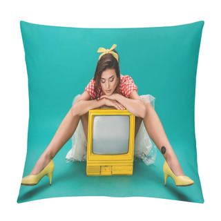 Personality  Stylish Pin Up Woman Leaning On Yellow Retro Tv Set While Sitting On Turquoise Background Pillow Covers