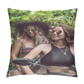 Personality  Beautiful Smiling Young Women In Sunglasses Sitting On Motorcycle In Jungles Pillow Covers