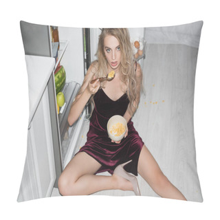 Personality  High Angle View Of Sexy Woman In Velour Dress Eating Cornflakes While Sitting On Floor In Kitchen Pillow Covers