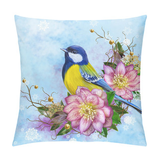 Personality  The Bright  Bird Tit, Pink Flower Hellebore, Weaving From Twigs, Gold Ornaments, Winter Background, Christmas Composition. Isolated On White Background. Pillow Covers