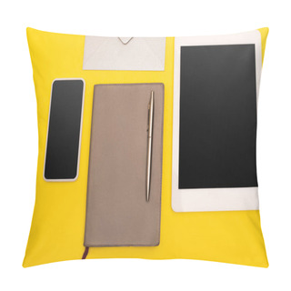 Personality  Top View Of Gadgets With Blank Screen Near Copy Book With Golden Pen Near Envelope  Isolated On Yellow Pillow Covers