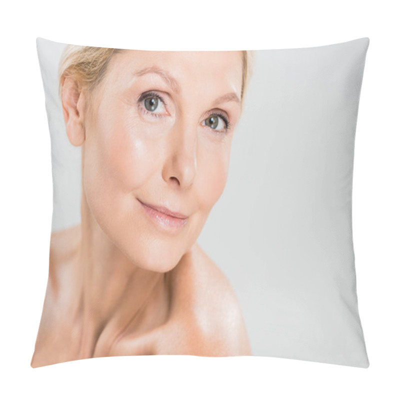 Personality  attractive and blonde mature woman looking at camera on grey background  pillow covers