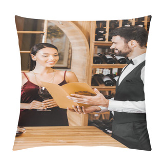 Personality  Wine Steward Giving Consultation To Female Client At Wine Store Pillow Covers