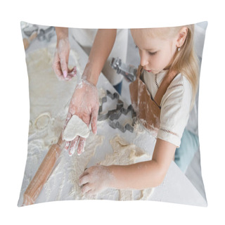 Personality  High Angle View Of Woman Showing Raw Heart-shaped Cookie To Daughter In Kitchen Pillow Covers