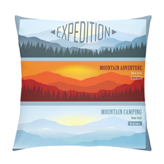 Personality  Set Of 3 Landscapes With Mountains Banners. Travel Agency Advertisement. Vector Illustration Pillow Covers