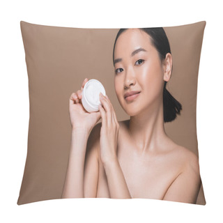 Personality  Pretty Asian Woman With Naked Shoulders Holding Container With Cosmetic Cream Isolated On Brown  Pillow Covers