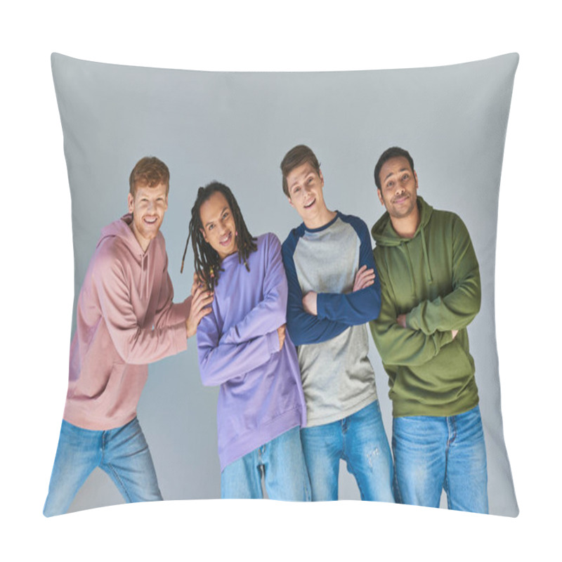 Personality  Four Cheerful Men In Casual Outfits Smiling At Camera Posing On Grey Backdrop, Cultural Diversity Pillow Covers