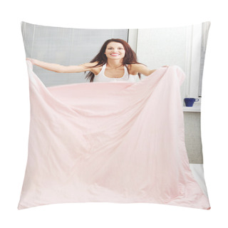 Personality  Beautiful Woman Doing The Bed At Home In The Morning. Pillow Covers