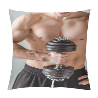 Personality  Partial View Of Sexy Muscular Bodybuilder With Bare Torso Exercising With Dumbbell Isolated On Grey Pillow Covers