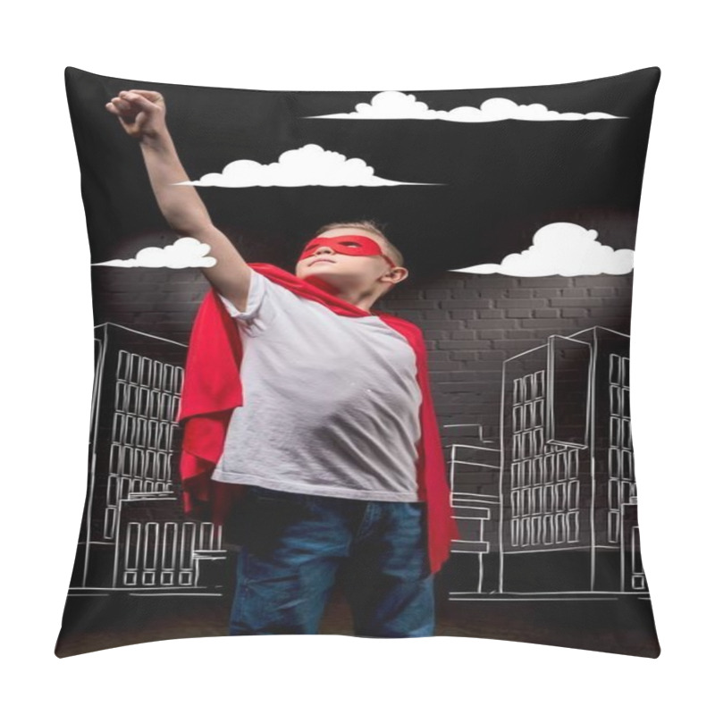 Personality  boy flying in superhero costume and red mask in city pillow covers