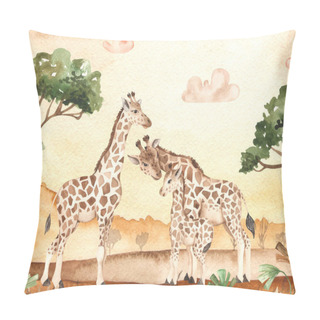 Personality  Savanna Landscape At Sunset And Giraffe Family, Mom, Dad, Kid, Baby, Watercolor Card Pillow Covers