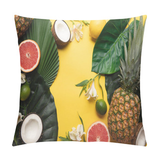 Personality  Top View Of Ripe Organic Tropical Fruits On Yellow Background With Green Leaves And Alstroemeria Flowers Pillow Covers