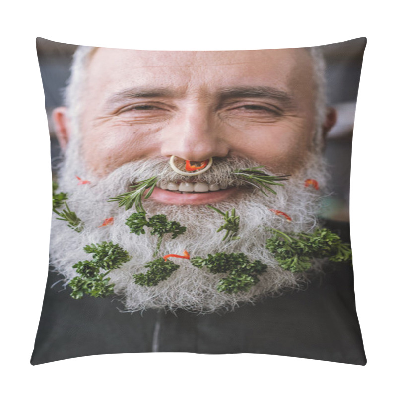 Personality  Senior Man With Greens In Beard Pillow Covers