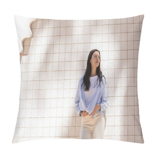 Personality  Brunette Woman In Blue Shirt Standing Near White Tiled Wall And Looking Away Pillow Covers