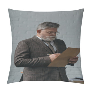 Personality  Senior Man In Tweed Suit Writing Letter In Front Of White Brick Wall Pillow Covers