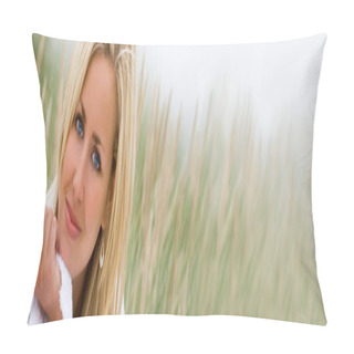 Personality  Panoramic Web Banner Image Beautiful Blond Haired Blue Eyed Model Wearing A White Towelling Robe Sitting In Natural Tall Green Grass Health Spa Beauty Concept Photograph Pillow Covers