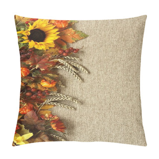 Personality  Sunflower, Autumn Leaves And Fruits On Burlap Background Pillow Covers