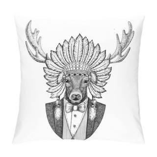 Personality  Deer Wild Animal Wearing Inidan Hat, Head Dress With Feathers Hand Drawn Image For Tattoo, T-shirt, Emblem, Badge, Logo, Patch Pillow Covers