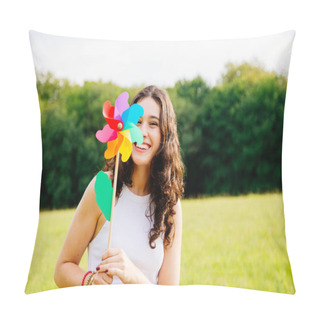 Personality  Funny Young Woman Holding A Windmill Pillow Covers