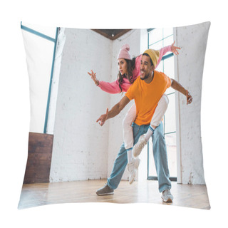 Personality  Cheerful African American Man Piggybacking Attractive Dancer  Pillow Covers