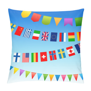 Personality  Bunting Flags And Country Flags On A Blue Sky Pillow Covers