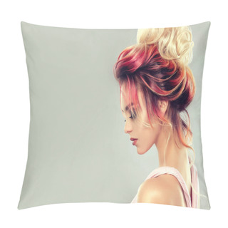 Personality  Beautiful Model Girl With Elegant Multi Colored Hairstyle . Stylish Woman With Fashion Hair Color Highlighting. Creative Red And Pink Roots , Trendy Coloring. Pillow Covers
