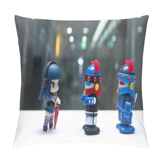 Personality  A Girl With A Red Umbrella Is Being Held Back By A Robot Security Guard. Pillow Covers