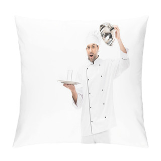 Personality  Surprised Young Chef Opening Seving Dome With Glass Of Water Inside Isolated On White Pillow Covers