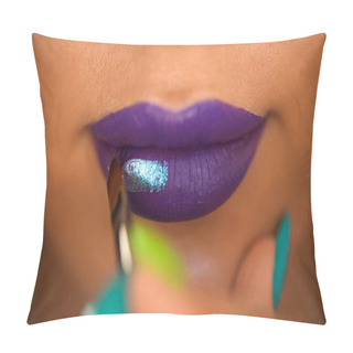 Personality  Cropped View Of Woman Applying Lip Gloss With Shimmer On Purple Lips  Pillow Covers