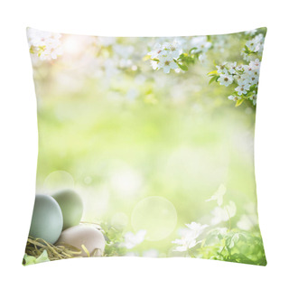 Personality  Easter Eggs In Spring With White Cherry Blossoms On Bright Green Meadow Pillow Covers