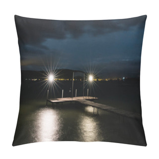 Personality  Swimming Pier On A Lake At Night With Two Lights Burning Bright Over Shimmering Water And The Lights On The Opposite Shore Glowing In The Distance Pillow Covers