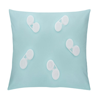 Personality  Flat Lay With Contact Lenses In Containers Arranged On Blue Background Pillow Covers
