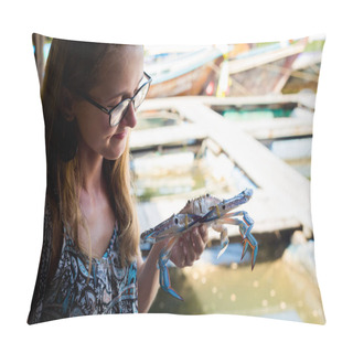 Personality  Tourist Holding Blue Crab On Tropical Koh Klang Island In Krabi In Southern Thailand. Seafood Farm In South East Asia. Pillow Covers