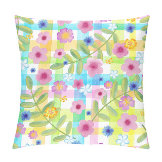 Personality Seamless Flowers Cosmos On A Gingham Checks Yellow Colors.  Blue Flowers On Stripes Ornament. Watercolor Realistic Painting Pillow Covers