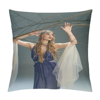 Personality  A Young Woman In A Blue Dress Stands Gracefully, Holding A Tree Branch In A Studio. She Exudes A Fairy-tale Essence, Akin To An Elf Princess. Pillow Covers